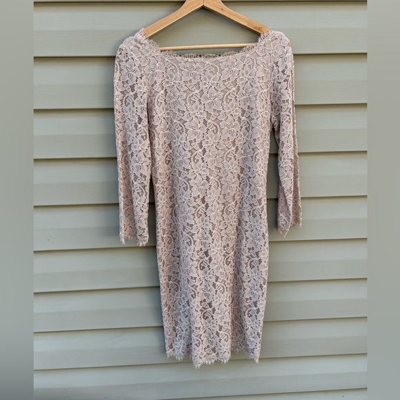 knee length dresses for ladies Diane von Furstenberg // Grey & Beige Lace Printed Ruffled Dress – VSP  Consignment